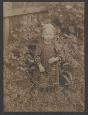 Solemn Girl Floral Pattern Dress Foliage Antique Cabinet Photo Outdoors