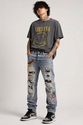 Amiri Style ''Wild Ones'' Biker Patch Jeans - Clay Indigo (Skinny Fit)