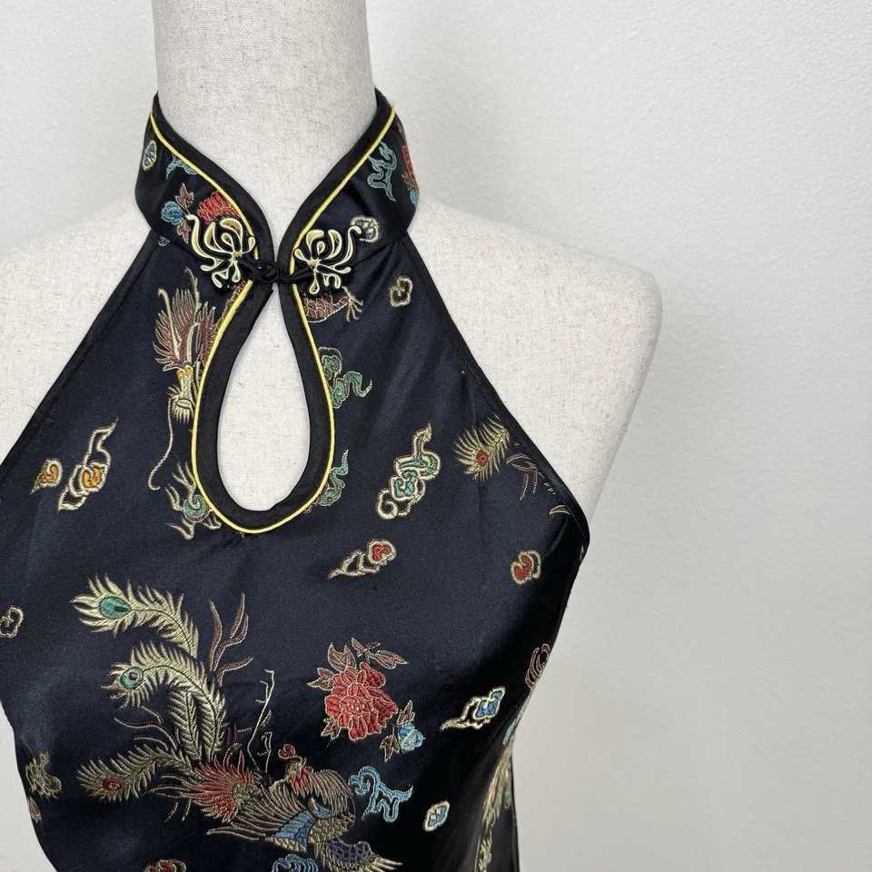 Top halter floral asiático años 90 Y2K para mujer XS* negro sedoso satinado sin espalda festival Foto 4 de 4