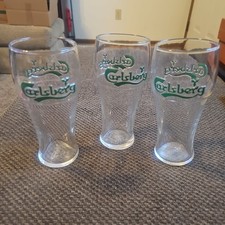 3 Carlsberg Beer Glass Cups Vtg Pint Logo Embossed in Raised Green Letters 7"