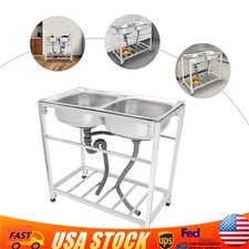 Commercial Stainless Steel Sink, Kitchen Freestanding Double Bowl Utility Sink