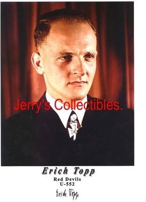 Erich Topp signed color photo. U-552 Cpt. Very SCARCE size !! BOLD sig !! Nice !