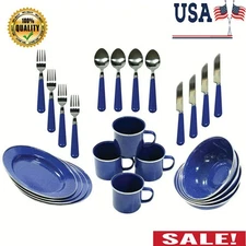 24 pcs Dinnerware Enamel Set Dining Set Dinner Plates Dish Service Bowl & Plate