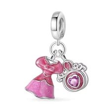 Pink Barbie Dress & Perfume Dangle Double Charm Bead For Bracelet Silver 925