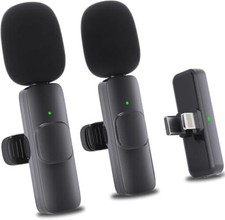 Wireless Mini Microphone for iPhone 2 Pack Lavalier Lapel Mic with AI Black