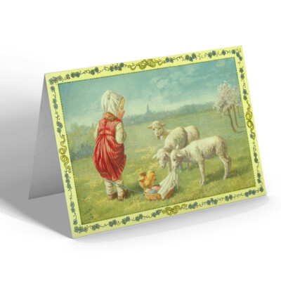 OSTERKARTE - Vintage Design - Mädchen, das auf drei Lämmer herabblickt, ein Knabber