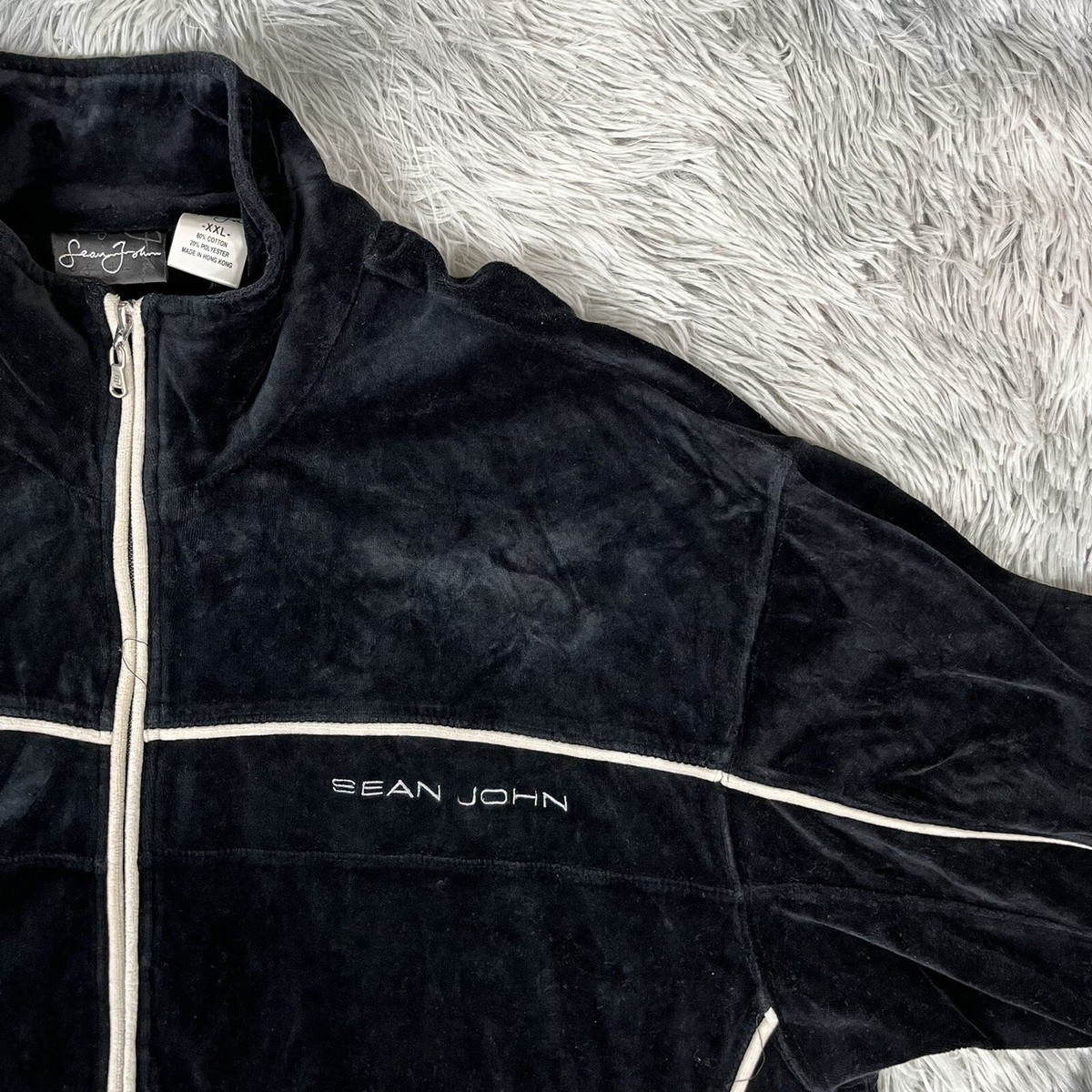 Vintage 2000's SEAN JOHN Men's Y2k Black White Full Zip Velour