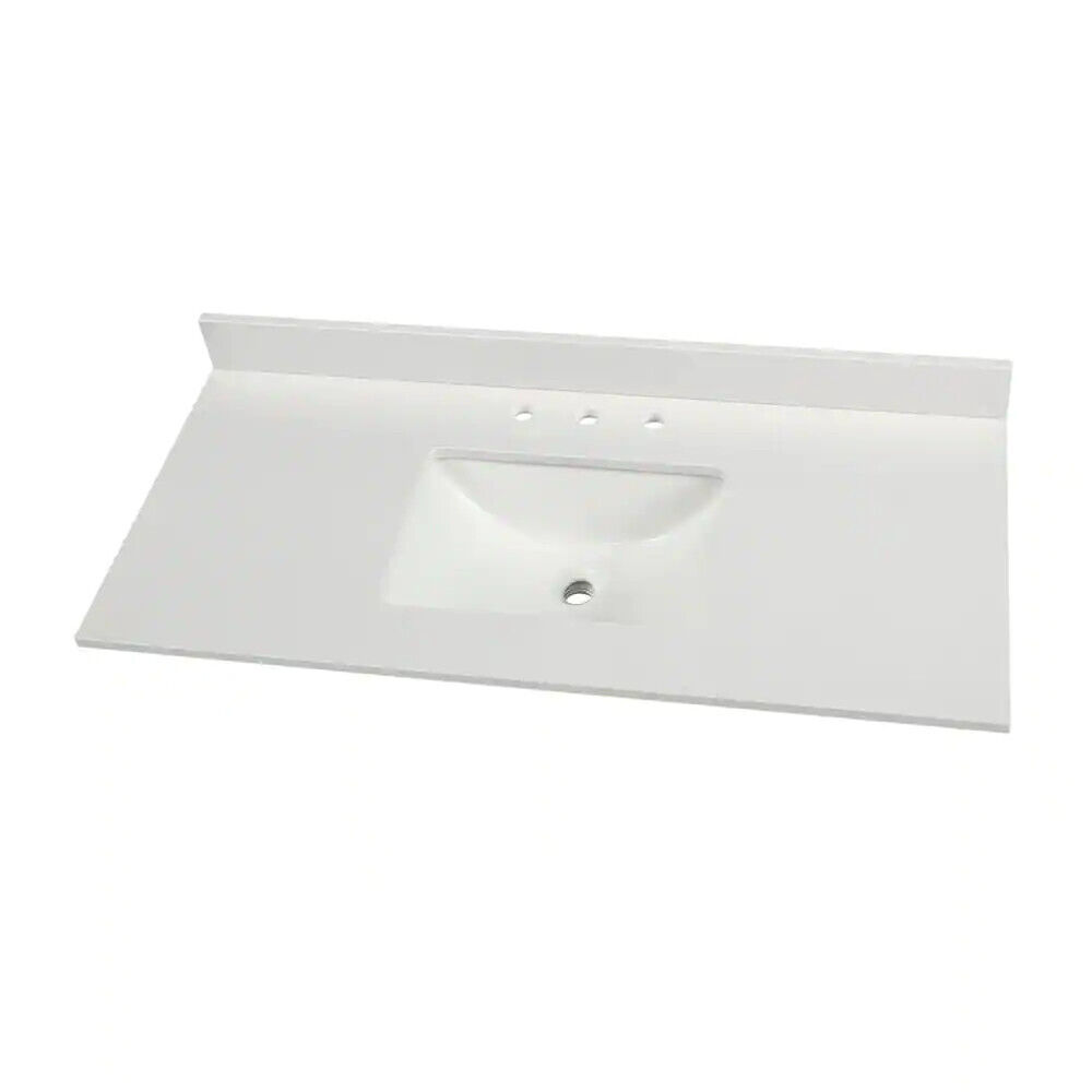 61 in. W Engineered Marble Single Sink Vanity Top in Winter White with White Trough Sink 61 in. W Engineered Marble Single Sink Vanity Top in Winter White with White Trough Sink