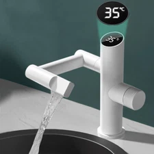Smart LED Display Bathroom Faucet 360° Rotating Sink Mixer Waterfall Tap White