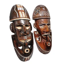 Tribal Wood Mask Pipe Man Face Wall Art Tribal Decor Hanging Mask Hand Carved
