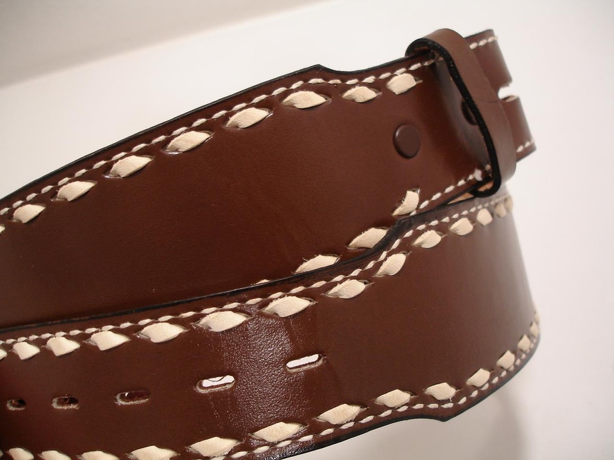 Mens sz 34 Tony Lama Western Belt Brown Leather White Lacing