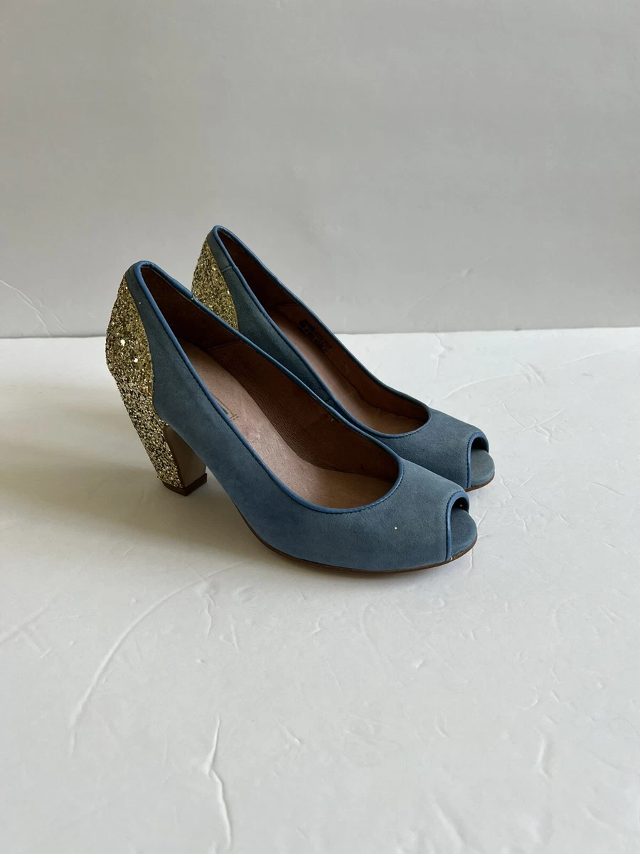 NEW TOPSHOP SLIVER GLITTER BLUE SUEDE LEATHER OPEN TOE SHOES PUMPS SZ 6.5