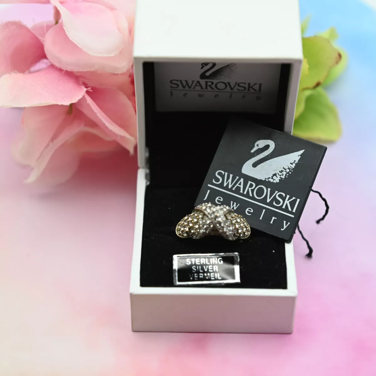 Swarovski Swan Stamp Pave X Crystal Gold Plated Sterling Silver Size 8.75 w Box