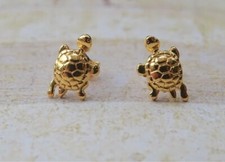 Women's Tiny Solid Metal Lucky Turtle Stud Earing 14k Yellow Gold Plated Silver
