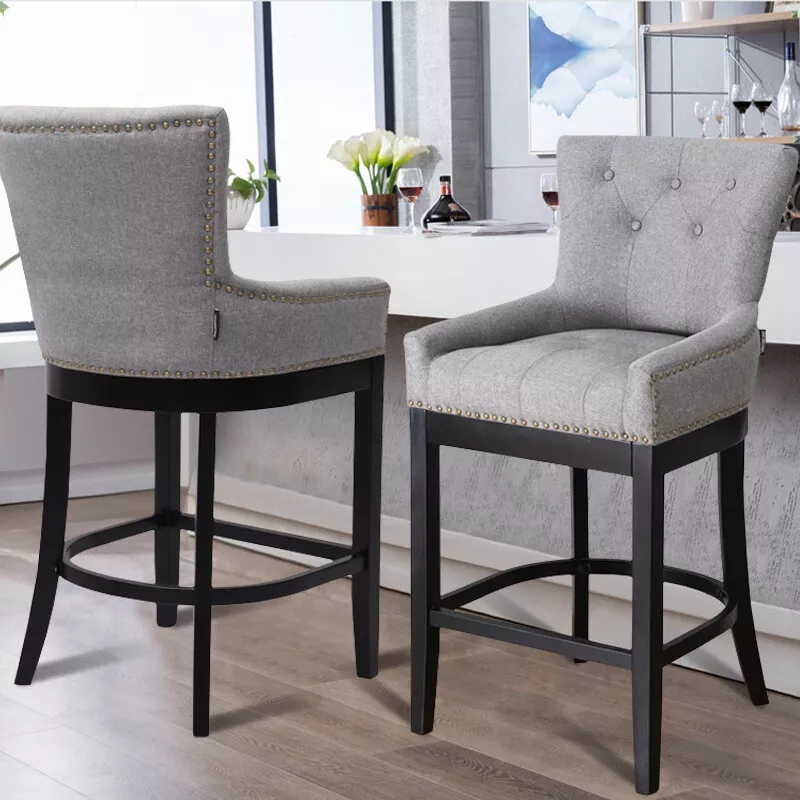 1 2X High Back Bar Stool Pub Chairs Upholstered Seat Kitchen Dining Bistro Grey
