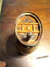 Oak whiskey or wine barrel table decanter wooden peg & cork brass straps antique