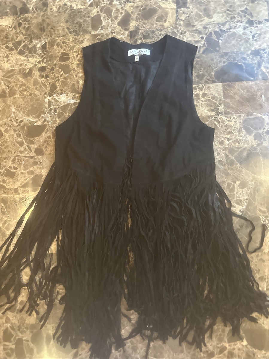 Lamarque Collection Vest XS Black Open Genuine Leather Fringe Long