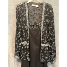 Scala 2 Pc Silk Beaded Evening Jacket Dress Set Black 2X Formal Mother Bride