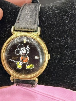 Pulsar Mickey Mouse Watch V827 Womens 26mm Case Date Black Leather Quartz Vtg