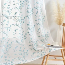White Embroidery Sheer Curtains White-Blue 95 Inches, Floral Window Treatments