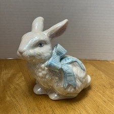 VTG Iridescent Ceramic Easter Bunny w Blue Bo...