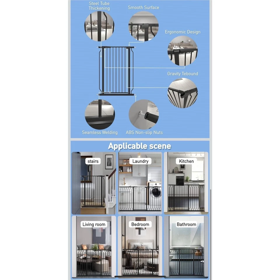 Puerta de seguridad extra alta de metal negro para bebé perro 40,55" 57,48-74,4" montada a presión Foto 4 de 4