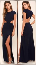 Lulus Size S Navy Blue Backless Cutout Hi Slit Cap Sleeve Sexy Formal Maxi Dress
