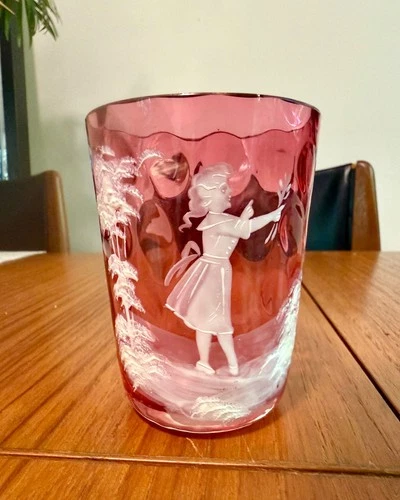 Antique Fenton painted Mary Gregory Cranberry glass beaker cup / vase