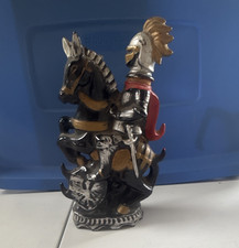 Hand Painted Ceramic Medieval Knight on Horse Figurine 8in Black Silver Gold Red