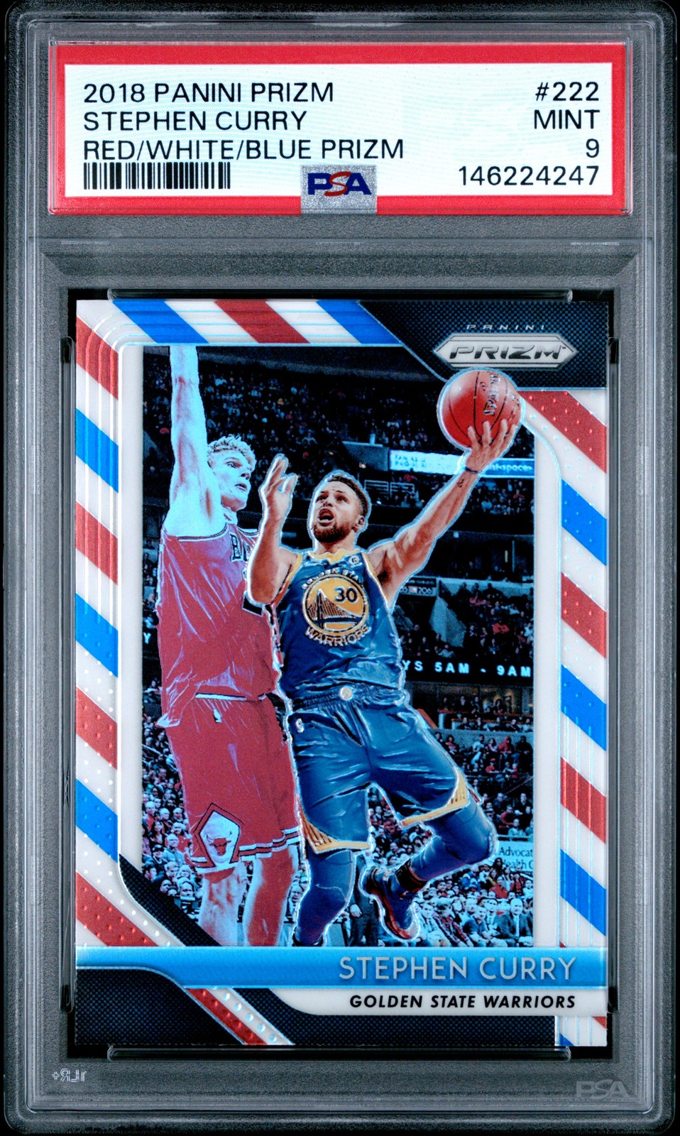 2018 PANINI PRIZM RED/WHITE/BLUE PRIZM #222 STEPHEN CURRY PSA 9