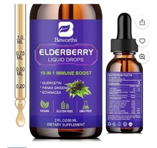 Beworths Elderberry Liquid Drops 10 in 1 Immune Boost w/Quercetin Panax Ginseng