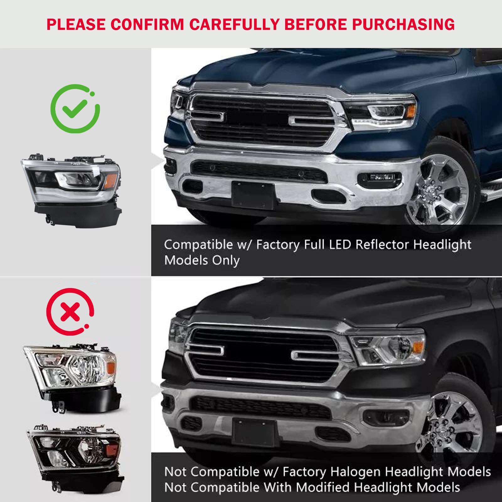 Full LED Headlight Assembly w/DRL Reflector Chrome Bezel For 2019-2023 RAM 1500