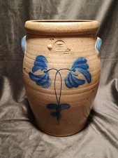 Rowe Pottery 11.5" Salt Glaze Blue Floral/Botanical Crock Stoneware Cambridge WI
