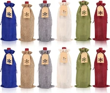 Burlap Wine Gift Bags,12 Pcs Christmas Wine Bottle Cover with Drawstring,24 Snow