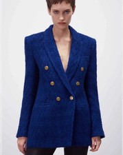 Zara Textured Double Breasted Blazer Royal Blue Gold Buttons M