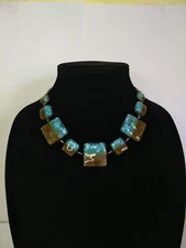Square Blue Brown Art Glass Silver Tone Necklace Art to Wear Handmade OOAK