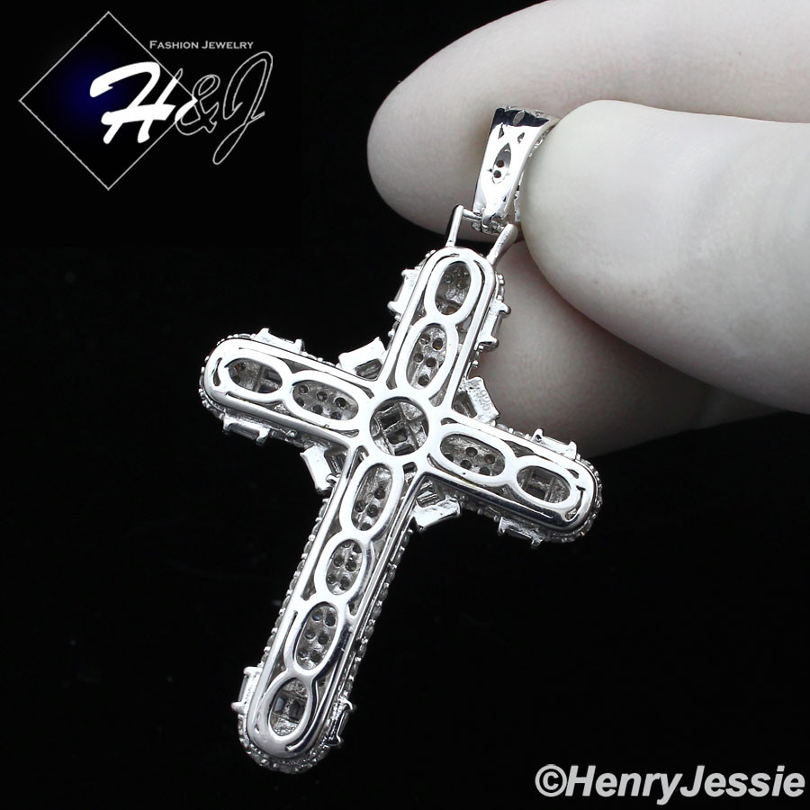 MEN SOLID 925 STERLING SILVER ICY BLING CUBIC ZIRCONIA 3D CROSS PENDANT ...