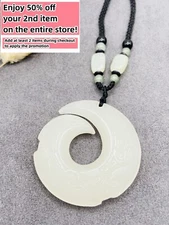 Ivory Jade Horn Charm Pendant Necklace W/ Beads Cord Handmade Carved Gemstone