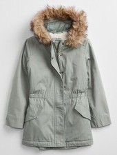 Gap Kids Sage Green Parka Girls Small Faux Fur Hood Sherpa Lined Winter Coat