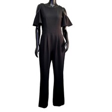 Eliza J Womens 8 Black Crepe Textured Cold Shoulder Flutter Sleeve Jumpsuit