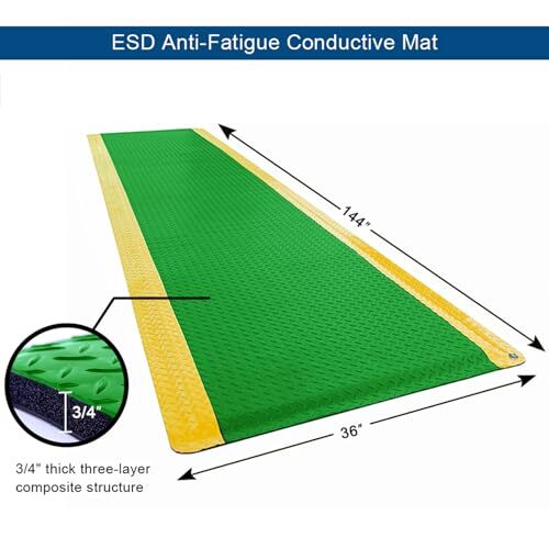 ESD AntiFatigue Conductive Mat, Durable 3' x 12' Green With Yellow