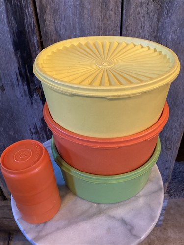 3 Vintage Tupperware Lime Green,Orange,Yellow Stackable Canisters w/ Lids +4cups - Picture 2 of 9