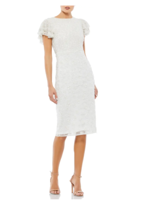 MAC DUGGAL BEADED FLORAL RUFFLE SLEEVE SHEATH white COCKTAIL MIDI DRESS 10  | eBay