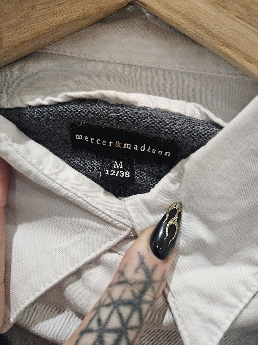 MERCER MADISON GREY WHITE STRIPED INNER SHIRT COLLARED JUMPER DRESS SIZE M