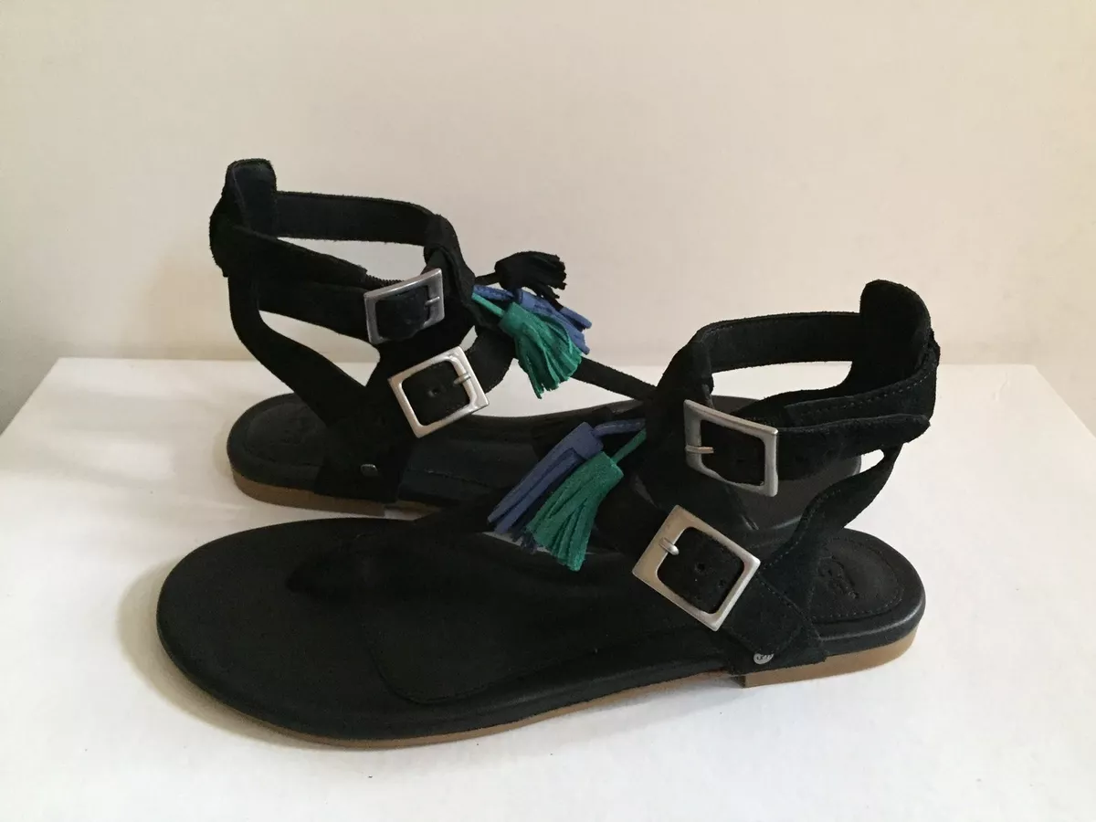 UGG LECIA BLACK LEATHER ANKLE WRAP THONG SANDALS US 9.5 EU 40.5 UK 8 NEW