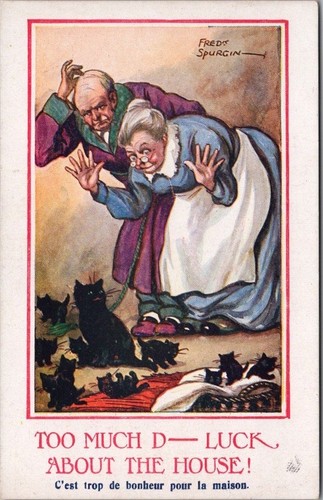 1910er Künstler-signierte FRED SPURGIN Postkarte "ZU VIEL D--- GLÜCK!" Schwarze Katzen