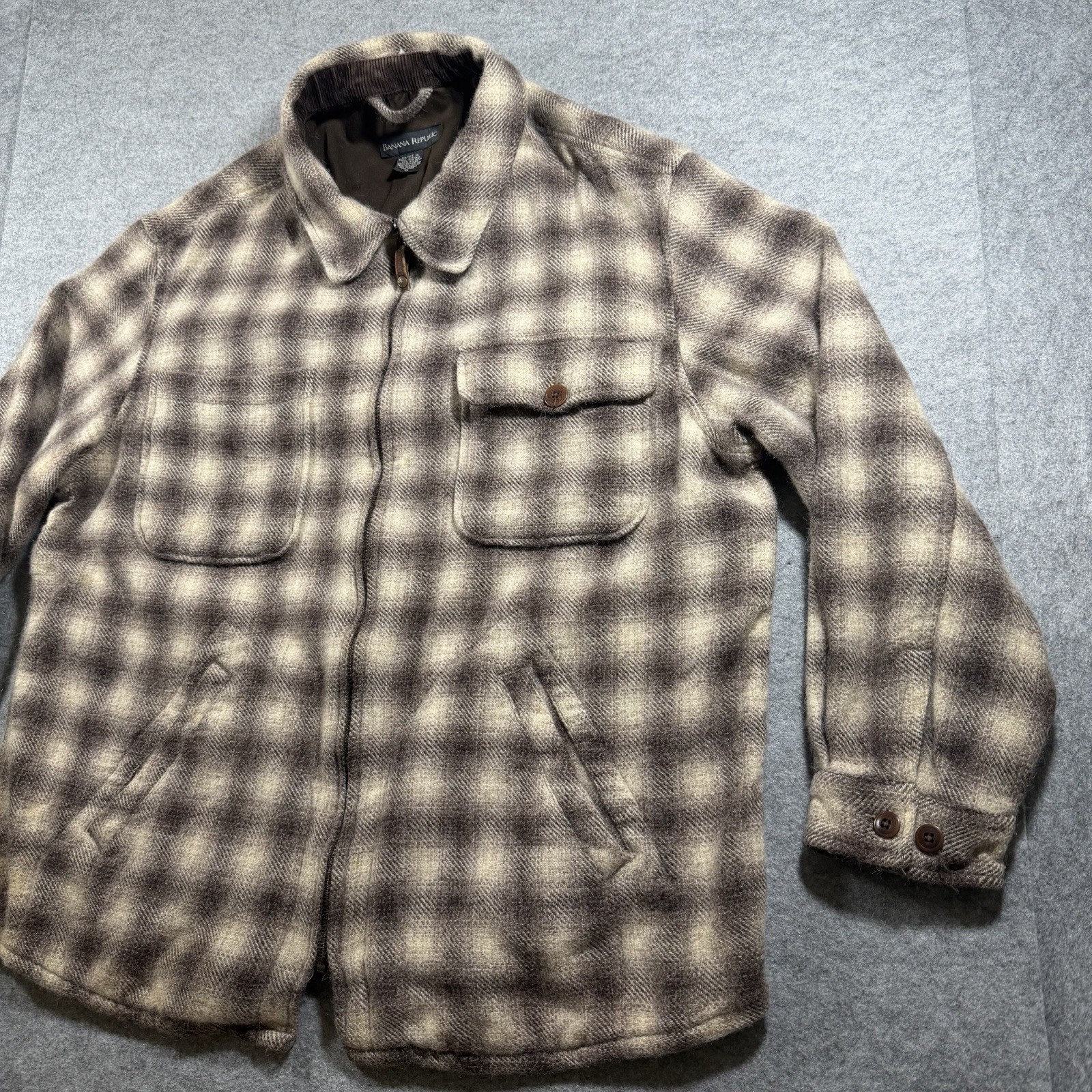 Banana Republic Wool Bomber Jacket Mens XL Brown Plaid Full Zip Cotton Lined thumbnail 10