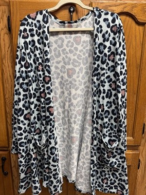 LuLaRoe Cardigan 2XL Blue Pink Hearts Cheetah Print NWT Open Front Knit Stretch
