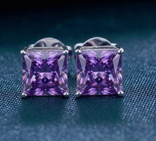 4 Ct Purple Princess Cut Diamond Solitaire Studs, Great Sparkle ,925 Silver