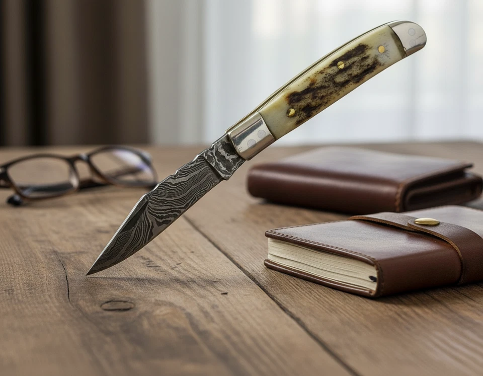 Handmade Damascus Steel Pocket Knife | Genuine Stag Antler Handle | EDC Folding  - Image 2 of 4